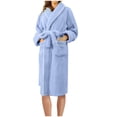thumbnail image 2 of WREESH Womens Bathrobe Long Nightgowns Solid Bandage Robe Bathrobe Gown Pajamas Sleepwear Pocket Waistband+Belts Blue, 2 of 3