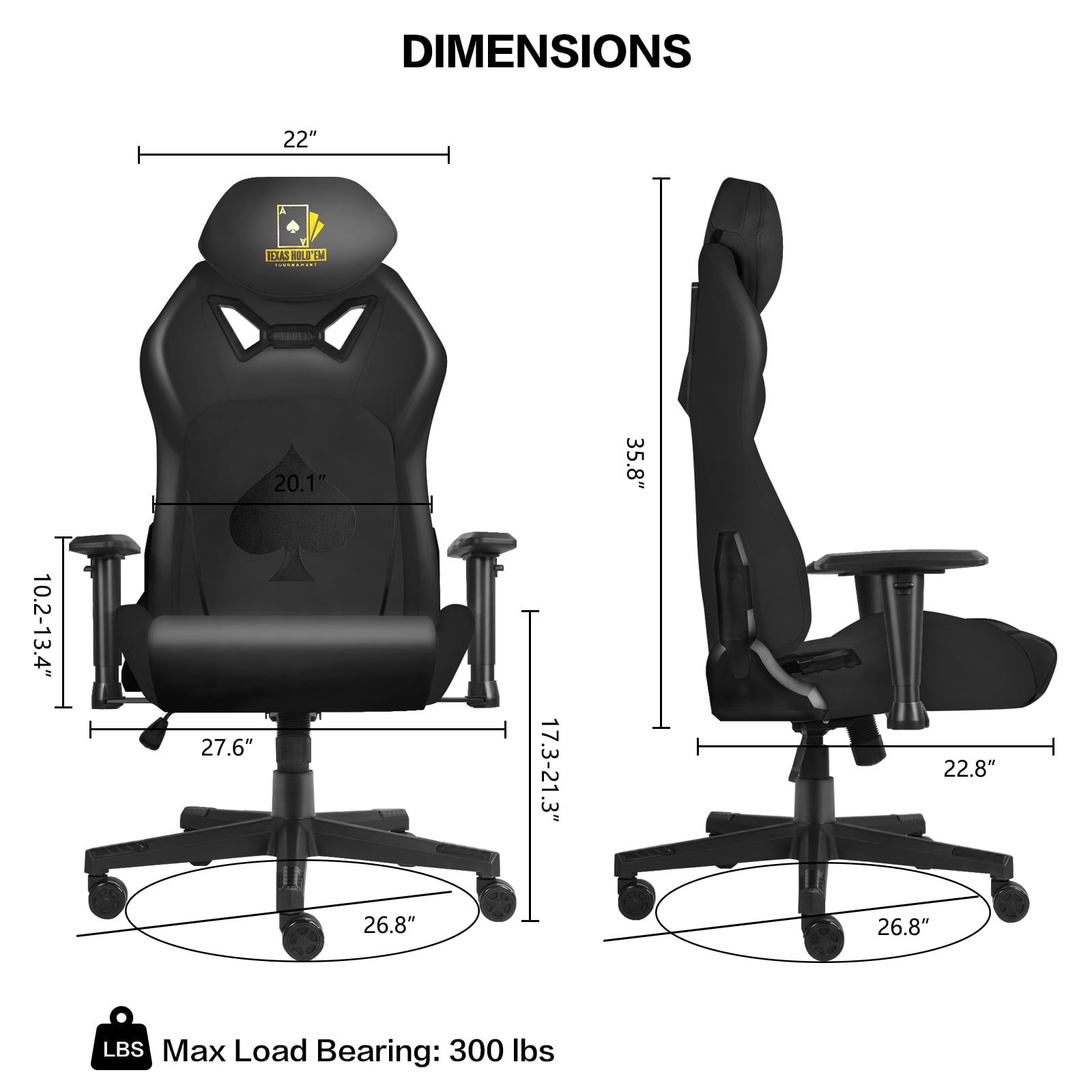 Ergonomic Video Poker Gaming Chair Recliner with Texas Hold'em Sign Swivel Chair with Poker Logo, Lumbar Support, Headrest, Height Adjustable for Study, Home Office, Black Poker 3
