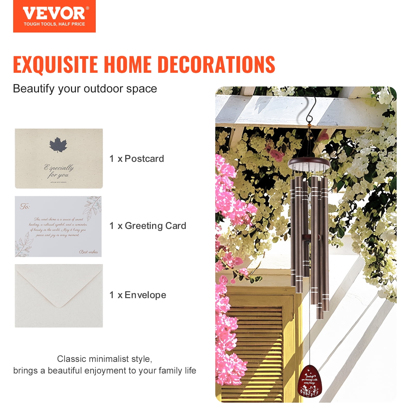 VEVOR Wind Chimes for Outside, 42",Deep Tone Wind Chimes with 6 Tubes, Unique Large Memorial Wind Chimes for Anniversary, Amazing Outdoor Decor for Your Patio, Porch, Garden and Backyard, Dark Brown