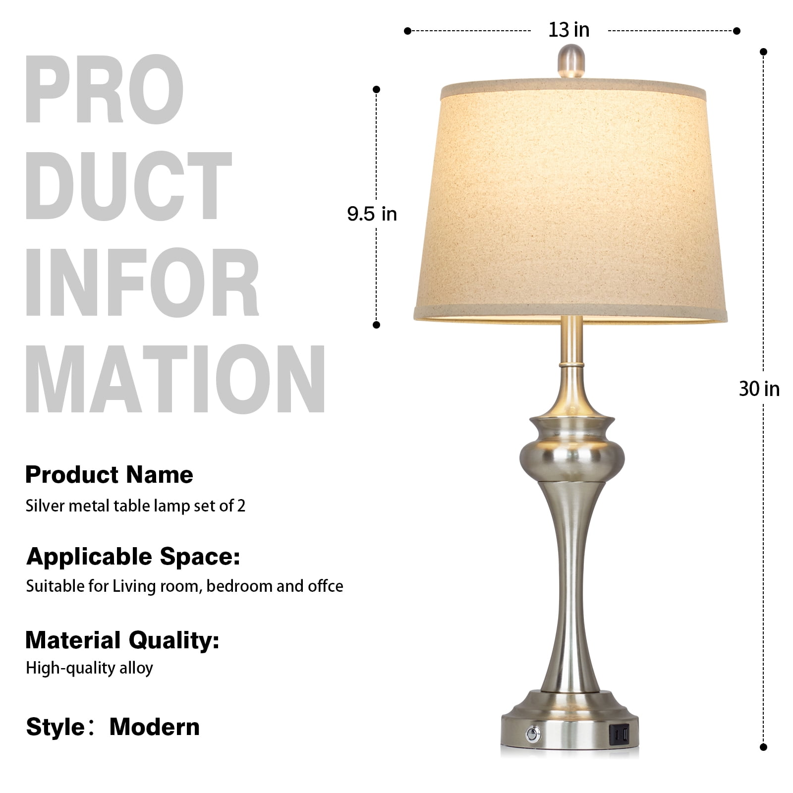Cinkeda 30" Tall Table Lamps Set of 2, Silver Industrial Design with 3-Way Touch Dimming & USB/Type-C Ports for Bedroom Living Room