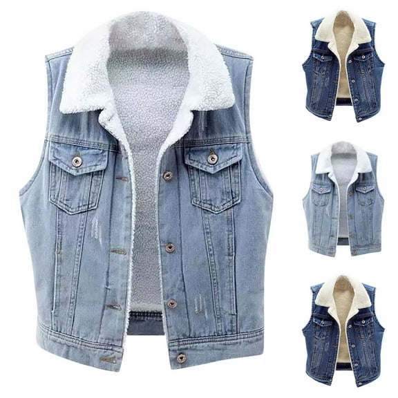 Juebong Womens Sherpa Denim Vest Fleece Lined Sleeveless Jean Jacket Thicken Winter Warm Fuzzy Trucker Jackets Gilet Outerwear Dark Blue,L
