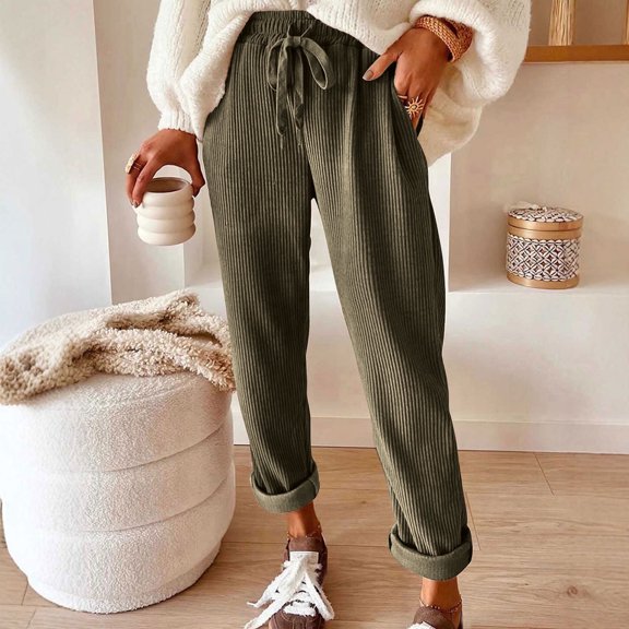 Juslio Pants for Women Comfortable Vintage Corduroy High Waist Casual Straight Pants