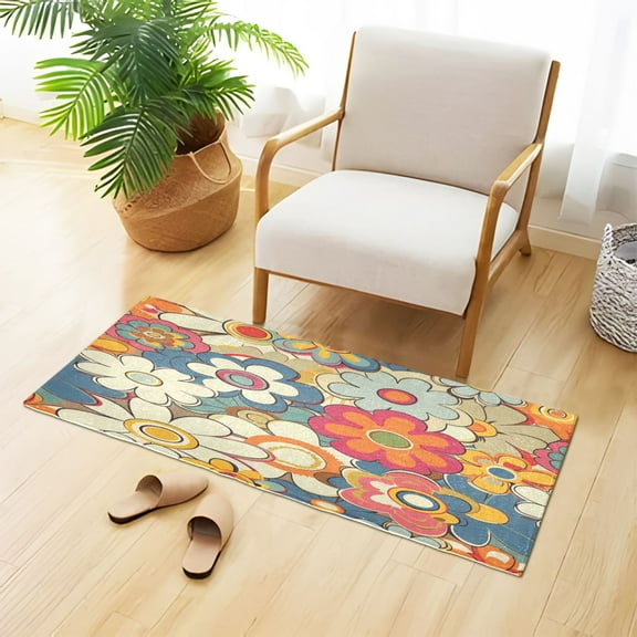 Retro Hand Drawn Colorful Florals Plush Carpet Non Slip Runner Rug Absorbent Bath Mat 39" x 20"