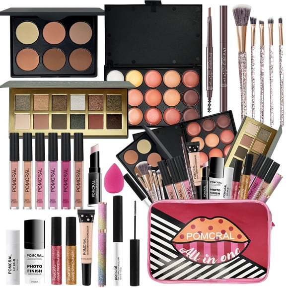 POMCRAL Juegos de maquillaje Kit de maquillaje para niñas de 10 a 12 años Regalo de maquillaje para mujeres Niñas Adolescentes con paleta de sombra de ojos Juego de brillo de labios Pinceles Corrector