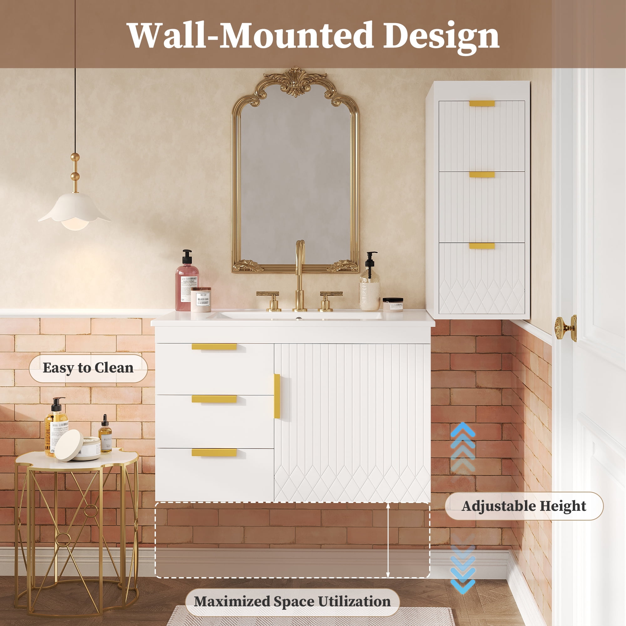 Euroco 30" Wall Mounted Bathroom Cabinet with Ceramic Basin Sink, Bathroom Cabinet with Soft-Closing Door and Drawers, Modern Bathroom Vanity with Sink