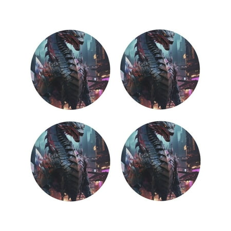 

Junzan Urban Mechanical Dragon Print Coasters for Drinks - Leather Coasters Set of 4 for Coffee Table for Housewarming/Kitchen/Bar/Decor-Round Shape