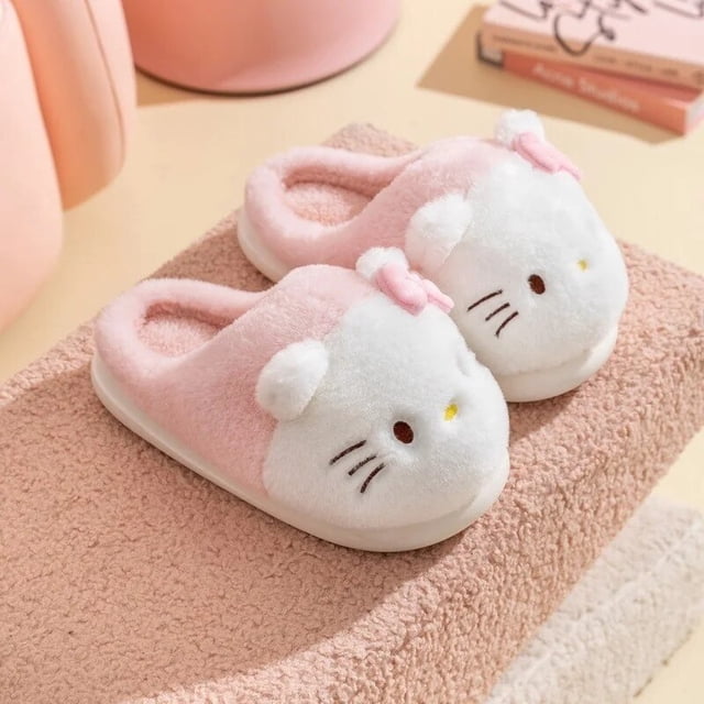 Sanrio-Zapatillas de algodón con dibujos animados para mujer, pantuflas cálidas de Hello Kitty, Kuromi Melody, mullidas, de invierno
