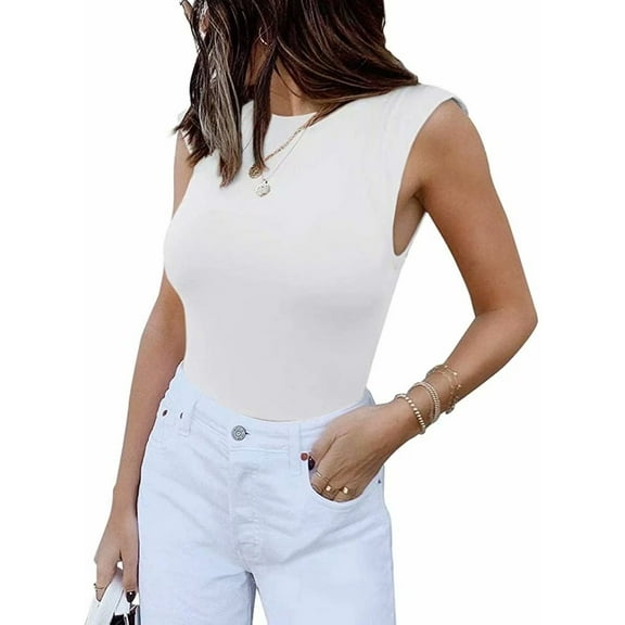 LACOZY Womens Sexy Sleeveless Solid Bodycon One Piece Basic Bodysuits Shirts Tops White Large