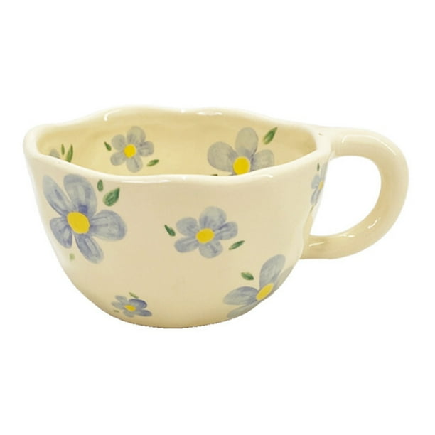 Taza de café estética con diseño de flores, taza de café de cerámica hecha a mano, diseño irregular para preparar café con leche, perfecta para el hogar y la oficina, cerámica resistente al calor,