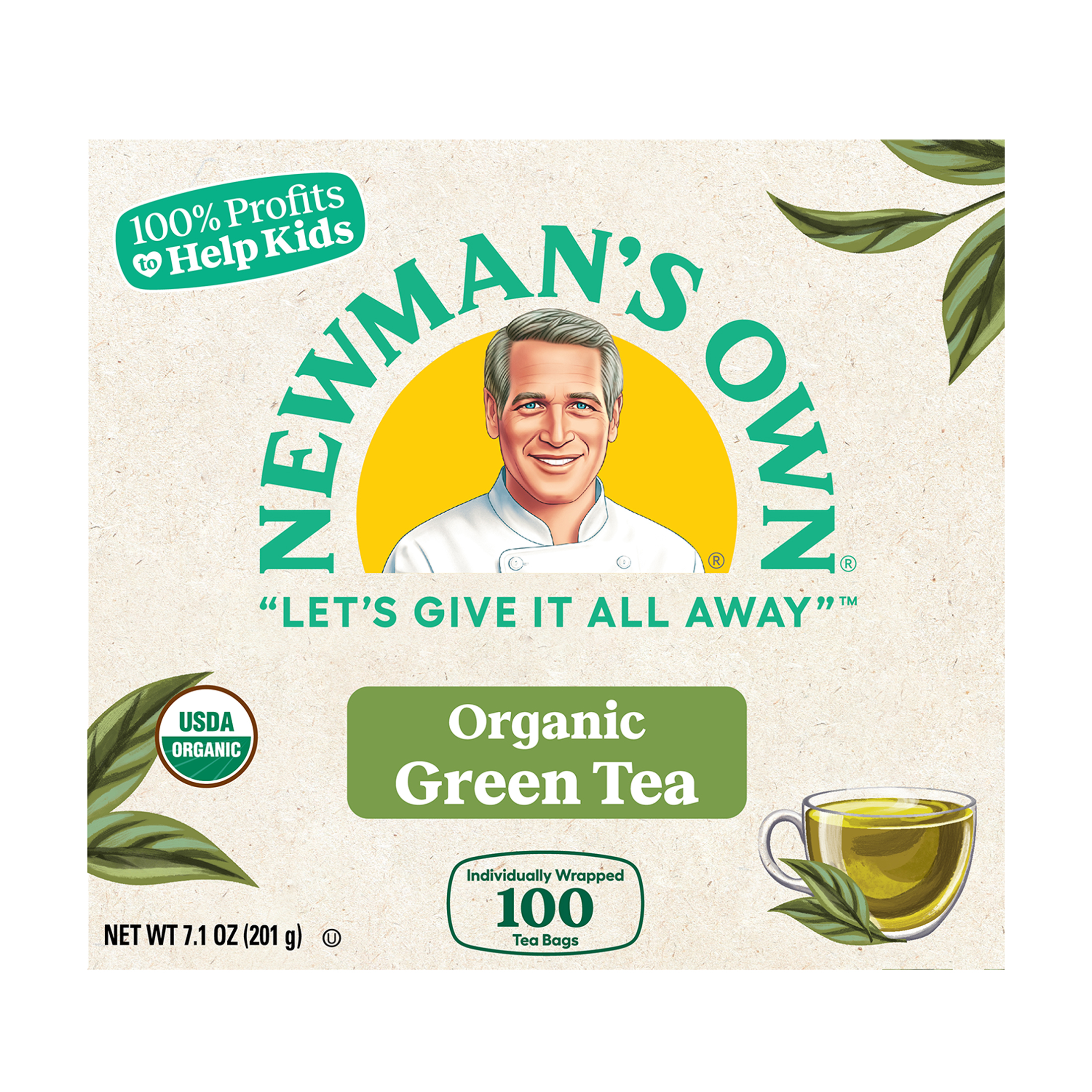 Newman's Own Organic Green Tea May Aid in Digestive Health, Green Tea with 100 Individually Wrapped Tea Bags Per Box (Pack of 2) USDA Certified Contains Caffeine Brew Hot