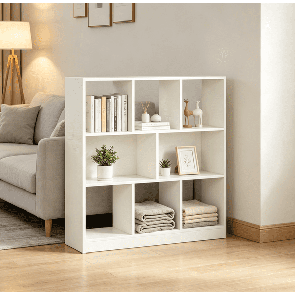 Leumius 3-Tier Bookshelf,9-Cube Open Storage Display Rack for Bedroom,Living Room,White