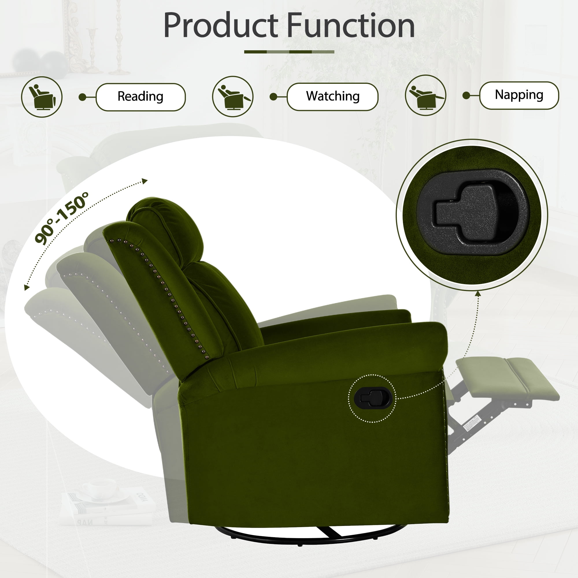 Euroco 360° Swivel Recliner Manual Rocking Recliner Home Theater Manual Recliner Chair Nursery Rocker with Adjustable Backrest for Living Room, Green