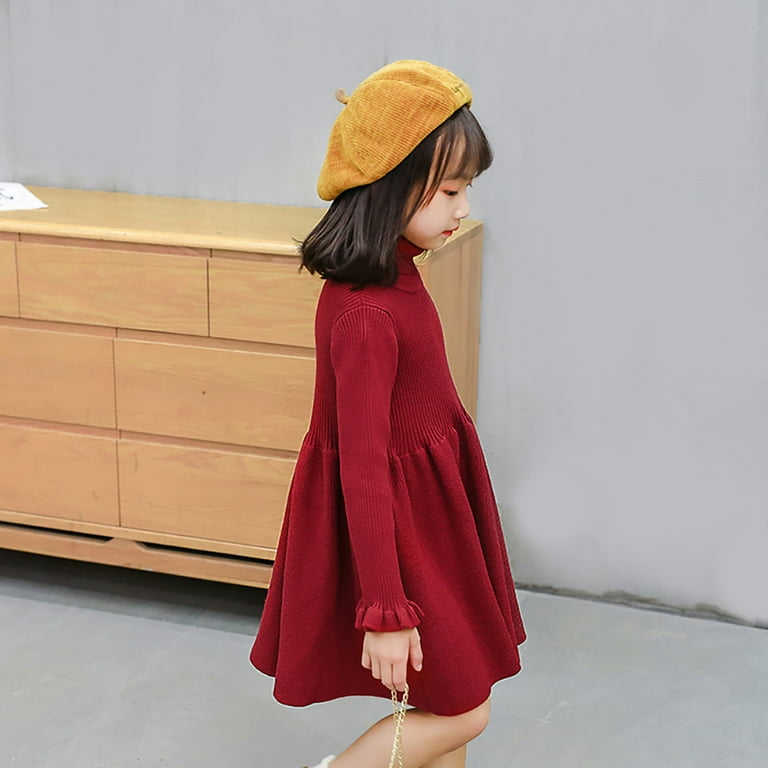 infant red sweater dress IBTOM CASTLE Baby Girls Ribbed Knit Sweater Dress Kids Ruffle Long Sleeve  Casual Christmas Playwear 5-6 Years Wine Red & Turtleneck