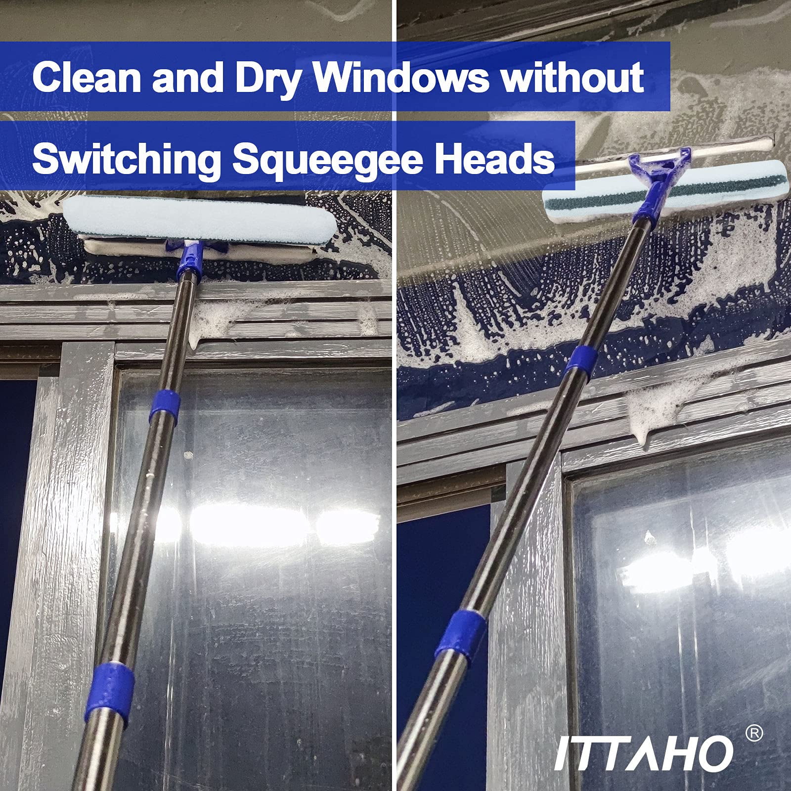 All Purpose Window Squeegee with 58 inch Long Handle, 2 Microfiber