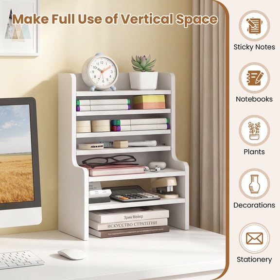 Giantex Desktop Organizer,  Wooden Bookcase Stand w/2 Removable Shelves for Small Spaces Home Office