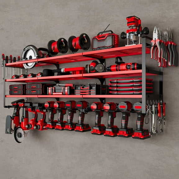 48" Large Power Tools Organizer Wall Mount,12 Drill Holder for Garage, Workshop Heavy Duty Storage Rack (Red)