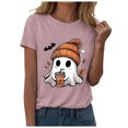 thumbnail image 4 of TTUHYWXI Halloween Womens Shirt Pumpkin Tee Shirt Ghost Reading T-Shirt Short Sleeve Spooky Season Halloween Graphic V Neck Tops Halloween Womens Tshirt(Light Pink,L), 4 of 6