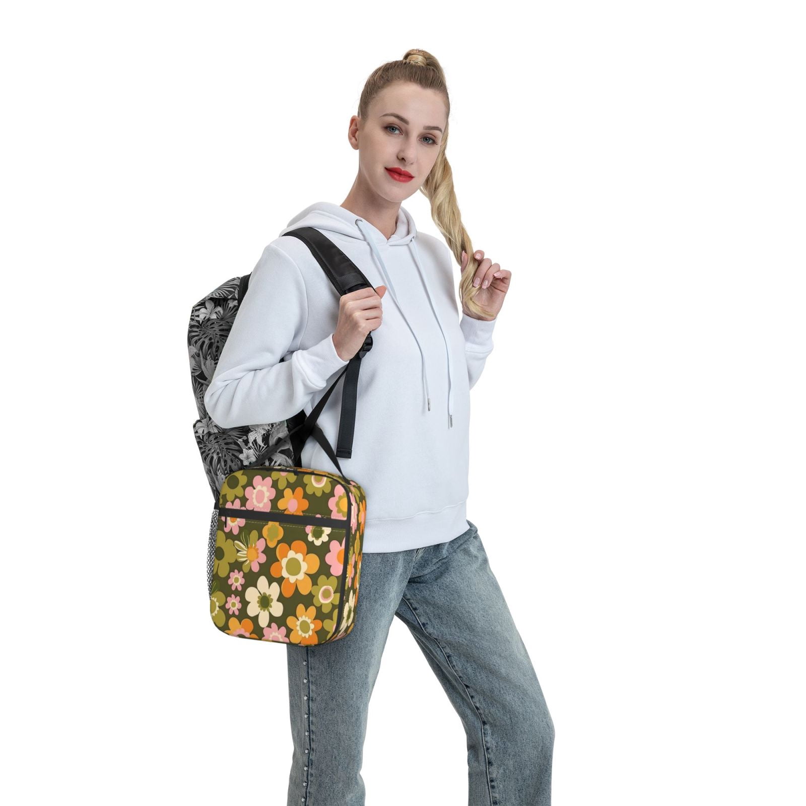 Lunch Bag For Women Men Insulated Portable Lunch Box Bento Box Office Picnic Travel Cooler Bag Retro Groovy Flowers Pattern (3)