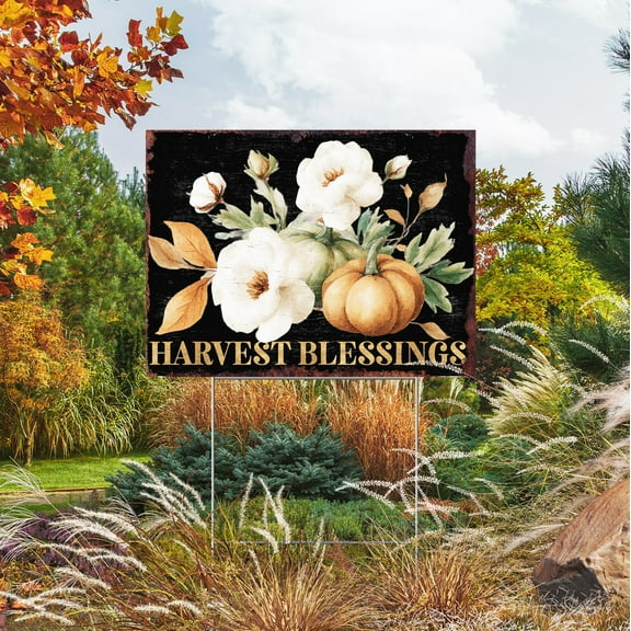 Harvest Blessings Fall Yard Sign – 24x18in Outdoor Pumpkin Floral Decor