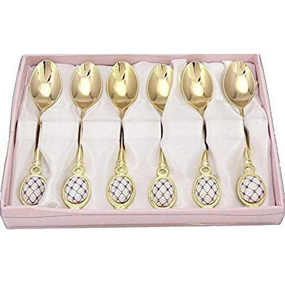 6 Piece Flatware Set 24K Gold Plated Demi Dessert Spoons Cobalt Blue Net Ornament - Vintage Design Silverware 5" long