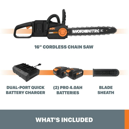 WORX - WG385 40V 16" Cordless Brushless Electric Chainsaw (2 x 4.0 Ah Batteries and 1 x Charger) - Black