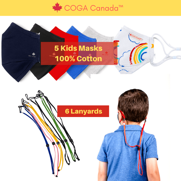 COGA Canada™ - Pack Enfants (Mixte) - 100% Coton Réutilisables Masques + Longes
