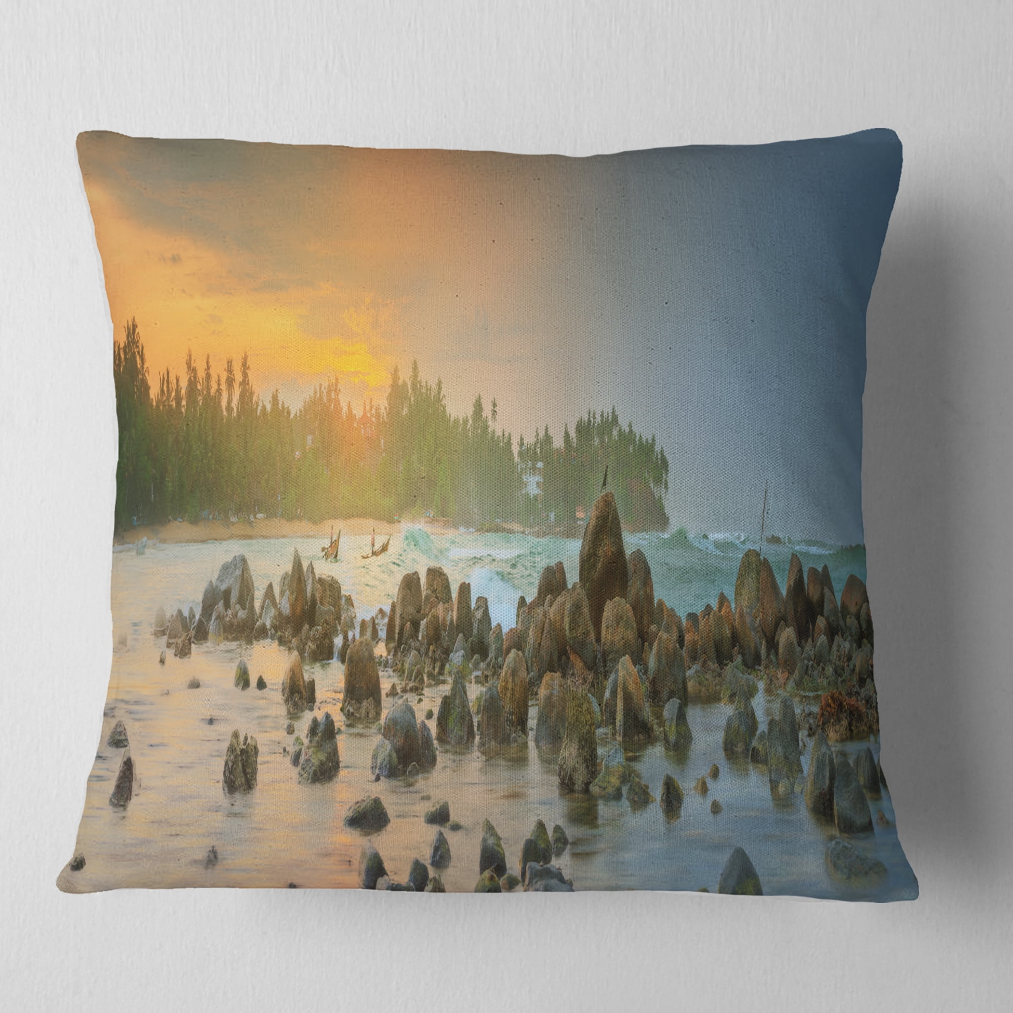 Designart Romantic Untouched Beach Sunset - Landscape Printed Throw Pillow - 18x18