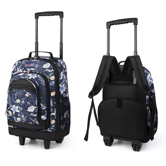 20" Rolling Backpack for Women Men, 2 in 1 Carry-on Travel Backpack with Wheels & Handle for Work, Weekend, School, Short Trips, Blue Lilies - JH2561