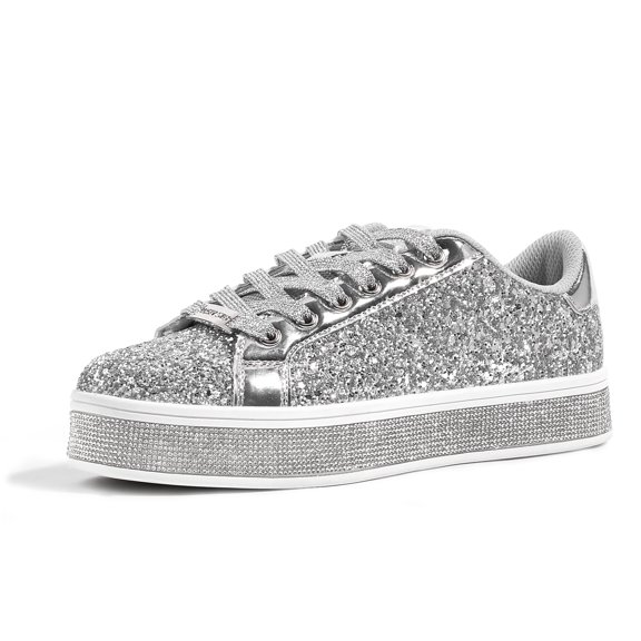 LUCKY STEP Platform Sparkly Fashion Sneakers Glitter Casual Shoes,Silver,Womens