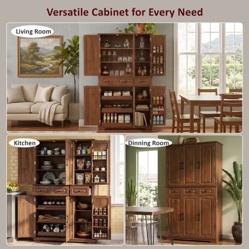 72" Tall Farmhouse Kitchen Pantry Cabinet with 3 Pull-Out Trays & 6 Door Racks, Walnut Brown