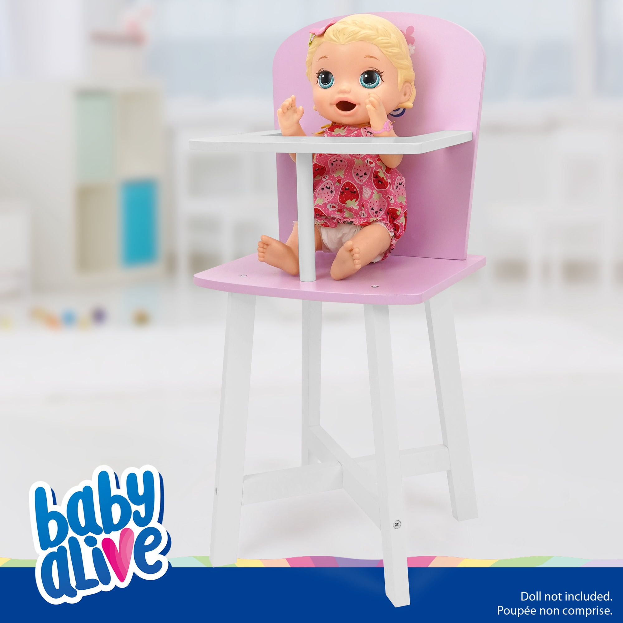 509 Crew: Baby Alive - Wooden Doll High Chair - Pink-White-Purple, Secure Seating, Doll & Plush Feeding Accessory, Nurturing Roleplay Toy, Kids 3+