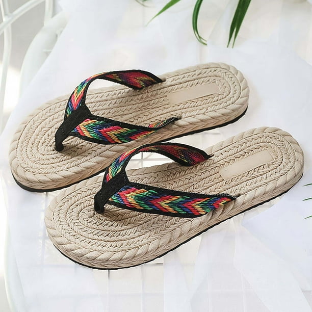 DPTALR Summer Women Seaside Imitation Straw Flip Flops Flat Beach Flip Flops