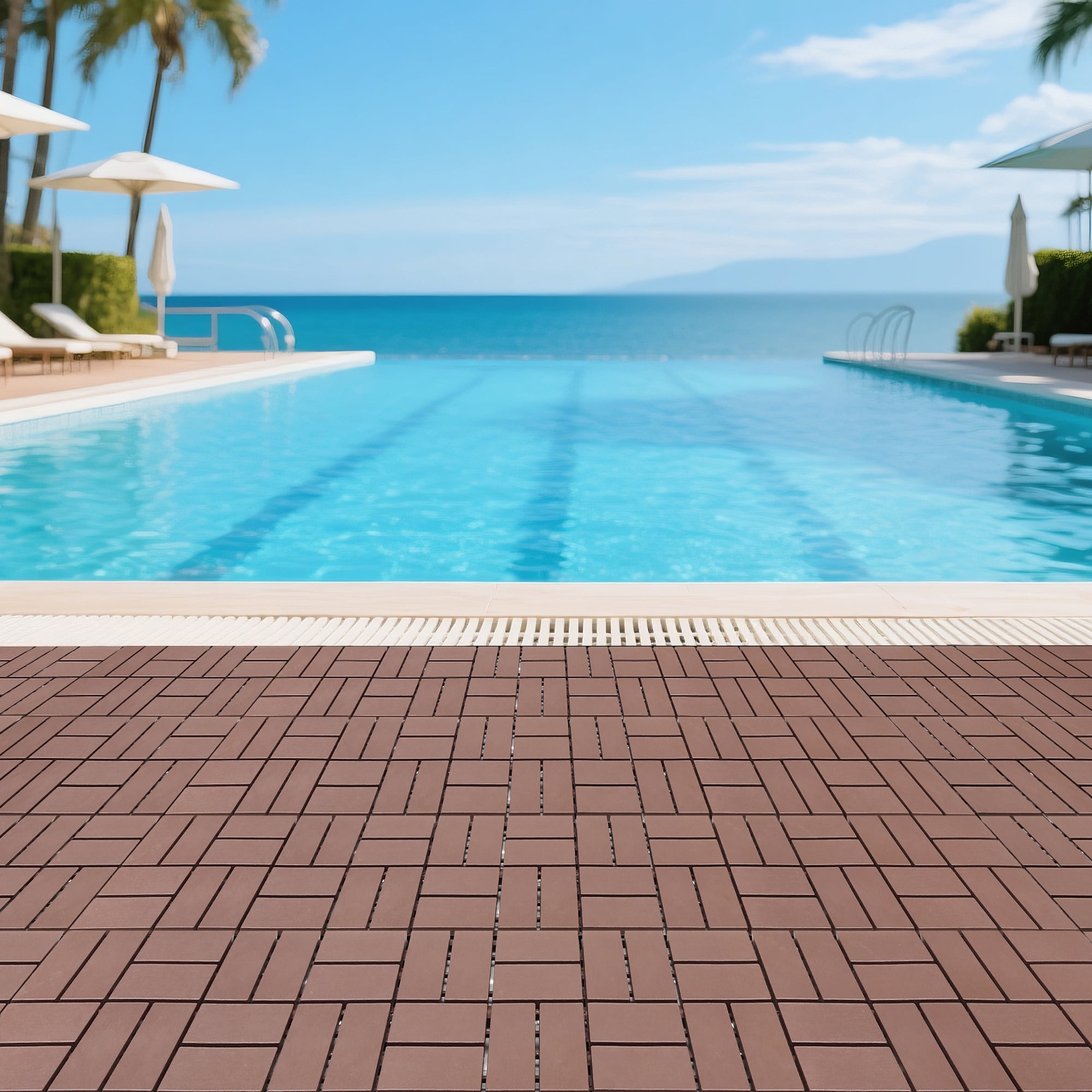44 Pack Plastic Interlocking Deck Tiles,12"x12" Waterproof Indoor/Outdoor Floor Tiles,All-Weather Patio Floor Decking Tiles for Garden,Lawn,Porch,Poolside,Balcony,Checker Style,Brown