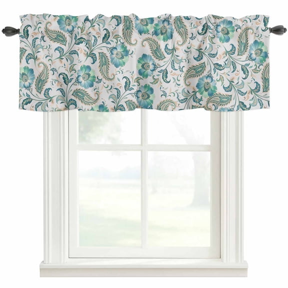 Teal Paisley Floral Farmhouse Short Window Curtain Valances, Boho Ethnic Tribe Traditional Rod Pocket Kitchen Valances for Living Room Bedroom Bathroom Cafe 42" x 18"