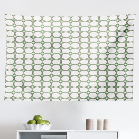 Abstract Tapestry, Geometric Theme Dots Inside Hexagonal Flowery Shapes Connected Triangular, Fabric Wall Hanging Decor for Bedroom Living Room Dorm, 2 Sizes, Pale Tan and White, by Ambesonne