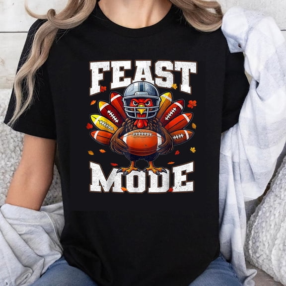 100% Cotton Feast Mode Turkey Football Thanksgiving Shirt Funny Holiday Graphic Tee for Men Women Unisex Casual Top