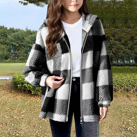 Kids Boys Girls Winter Fleece Lined Hooded Jacket with Zipper Pockets Long Sleeve Plaid Reversible Coat for Children Ages 5-16 Years