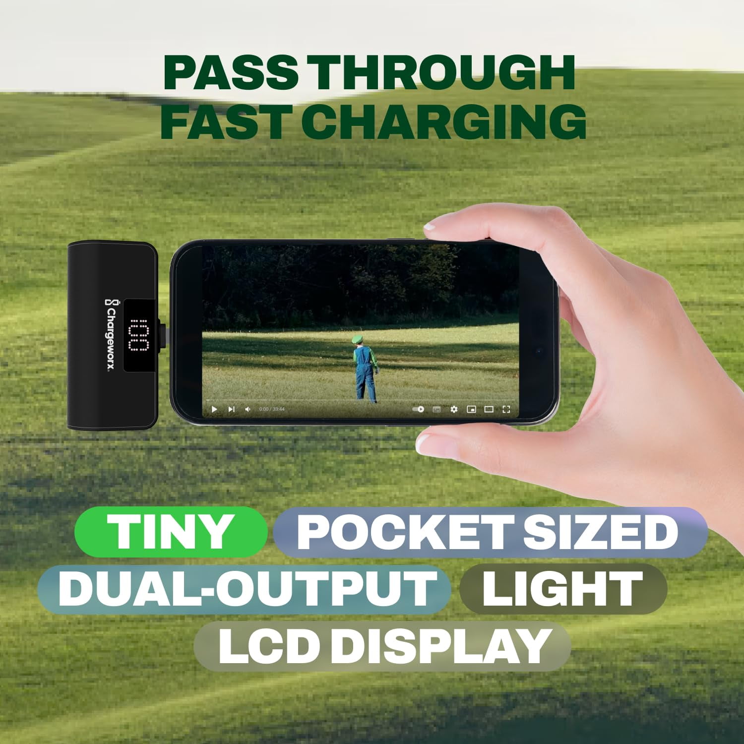 CHARGEWORX Portable Power Bank with LCD Display, Built-in Lightning Connector, Dual Charge Fast Charge Portable Charger 5000mAh, Compatible with iPhone 14, 13, 12 & Older (Black)