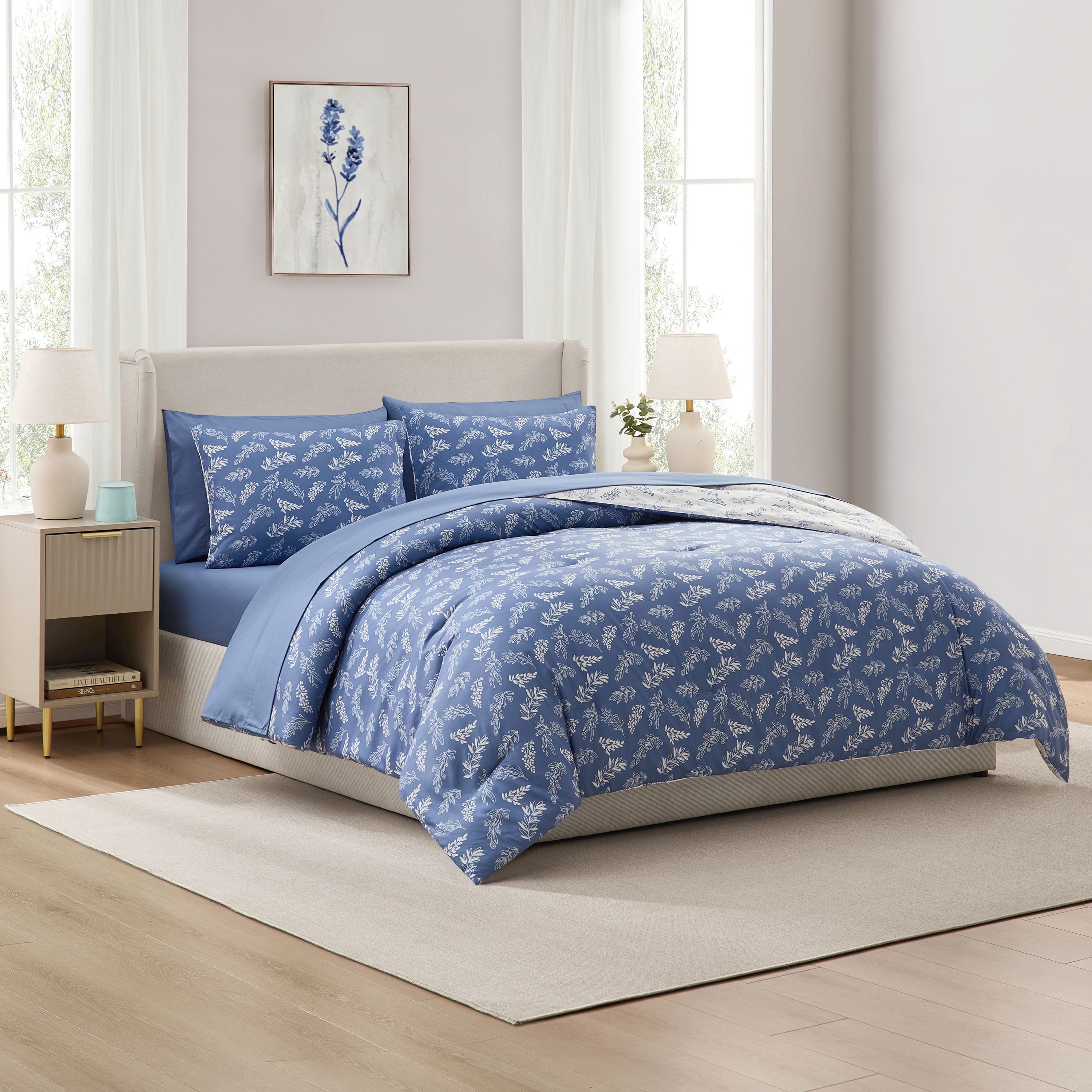 LammaLoe King Size Comforter Set, 7 Piece Botanical Bed in a Bag , Reversible Bedding Comforter Set with Sheets, Modern Bed Set, StateBlue/Cloud Stone