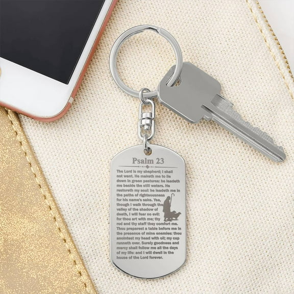 Psalm 23 English Lord is My Shepherd Engraved Dog Tag Bible Keychain Stainless Steel or 18k Gold