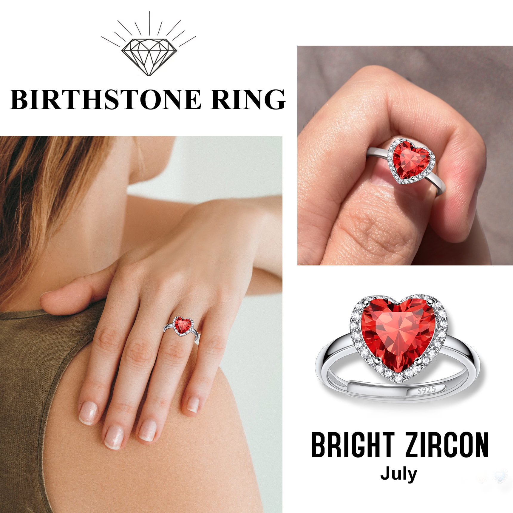 Bestyle Pure S925 Sterling Silver Heart Rings for Women Sparkle Open Band Ring July Created Ruby Rings Mother's Day Gift Size 6-12