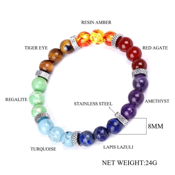 DLMJING Reiki Ancient Silver Natural Stone Agate Tiger Seven Color Crystal Bracelet Seven Chakras Yoga Bracelet