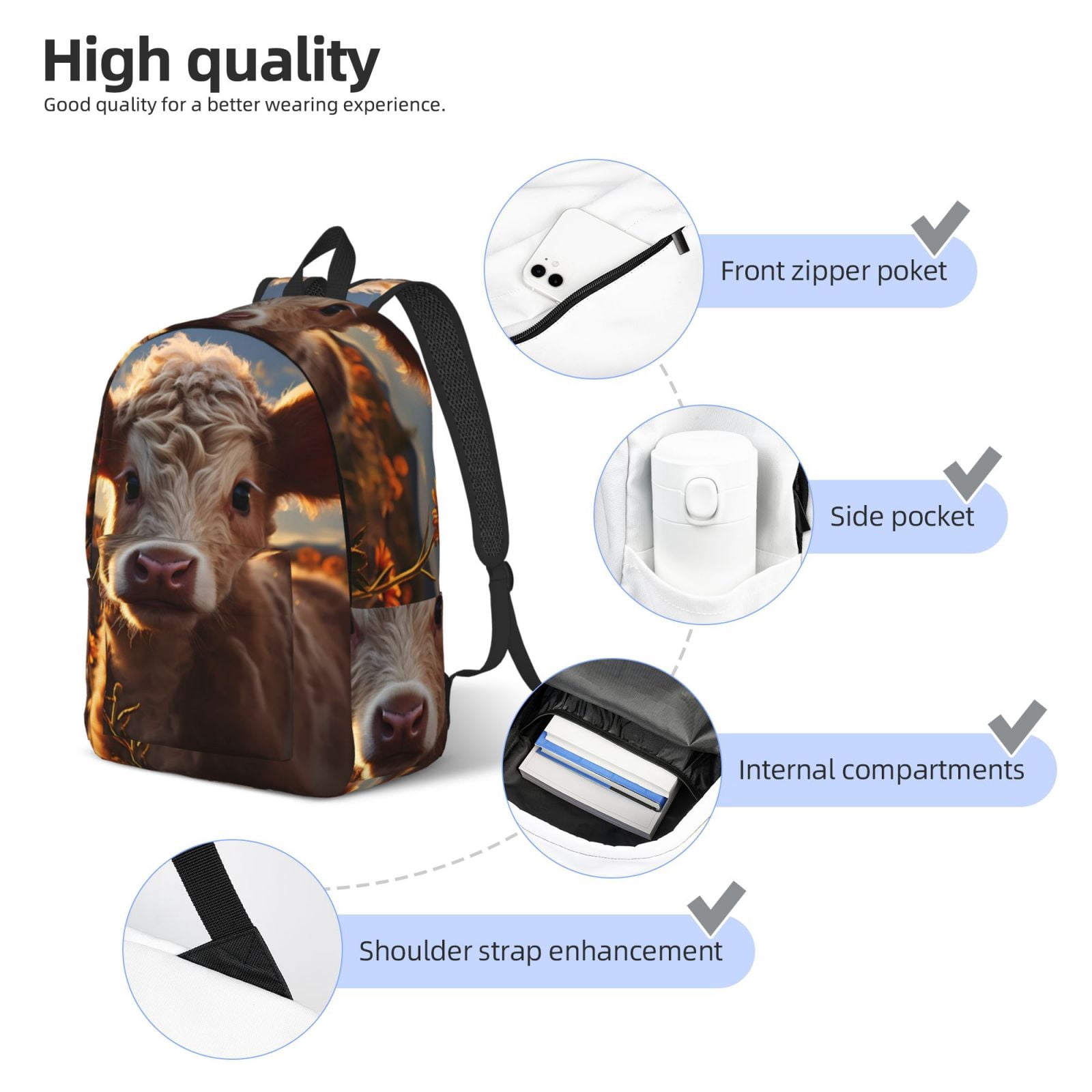 Picia Sunset Sunflower Small Cow Printed Canvas Daypack - Stylish and Durable Vintage Compact Backpack - Class, Work, Travel, or Laptop Bookbag,Organized Compartments-Medium