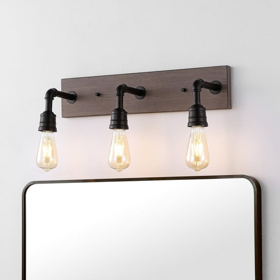 JONATHAN Y Corbett 22.13" 3-Light Rustic Farmhouse Iron LED Vanity, Oil Rubbed Bronze/Brown Wood Finish