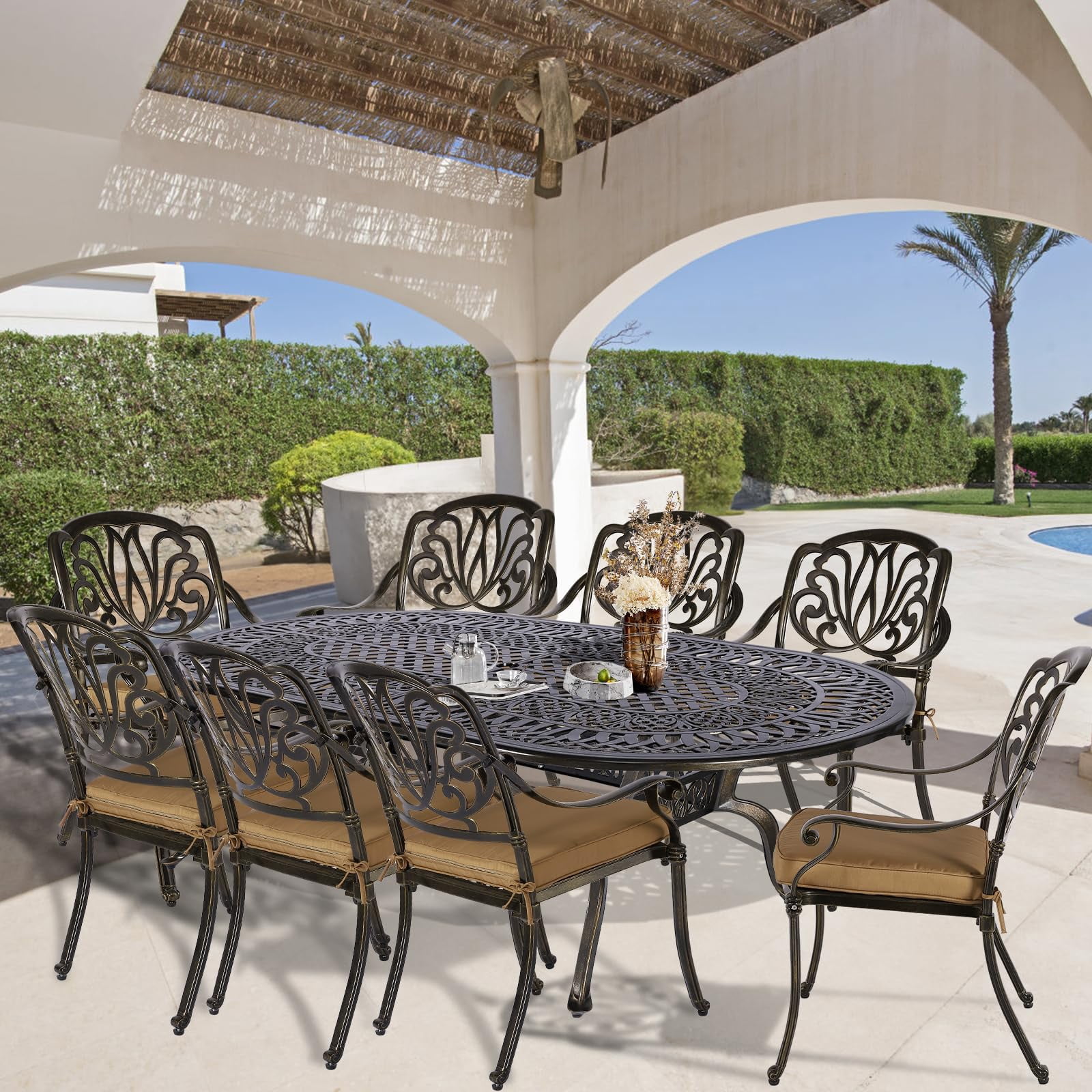 9-Piece Patio Cast Aluminum Dining Set, Outdoor Dining Furniture Set for 8 Person, includes 84" Oval Table and 8 Cushioned Chairs with Umbrella Hole for Patio Deck Garden, Tan