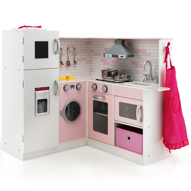 Costway Cocina de Juguete de Madera para Niños Juguete de Cocinita con Delantal Gorro de Cocinero Accesorios para Ollas Fabricador de Hielo