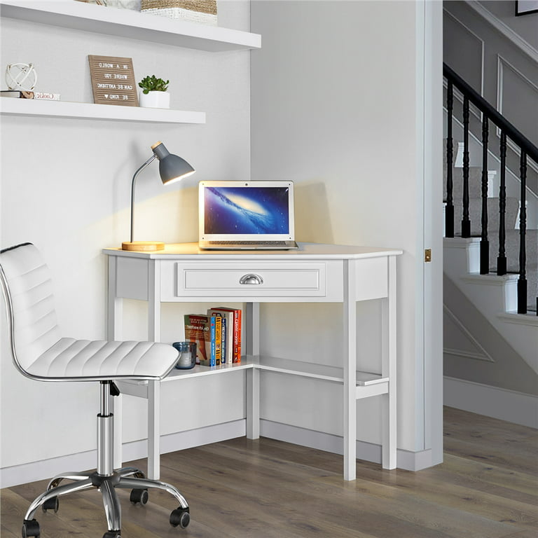 Easyfashion Corner Writing Desk with Storage Drawer, White
