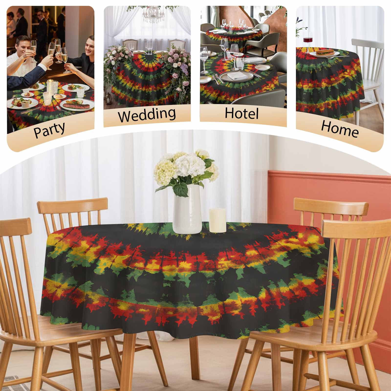 Round Tablecloth Abstract Ethnic Tie Dye Waterproof Oil Proof Polyester Table Cloth Cover Decor for Home Dining Outdoor,Patio,Parties, 60" Dia. Red Green Yellow Black
