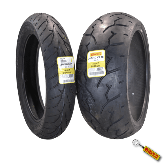 Pirelli Night Dragon Tire Set: 130/80B17 M/C 65H TL Front & 240/40VR18 M/C 79V TL Rear Cruiser Motorcycle Tires - Superior Traction & Handling for High-Performance Cruisers with Keychain