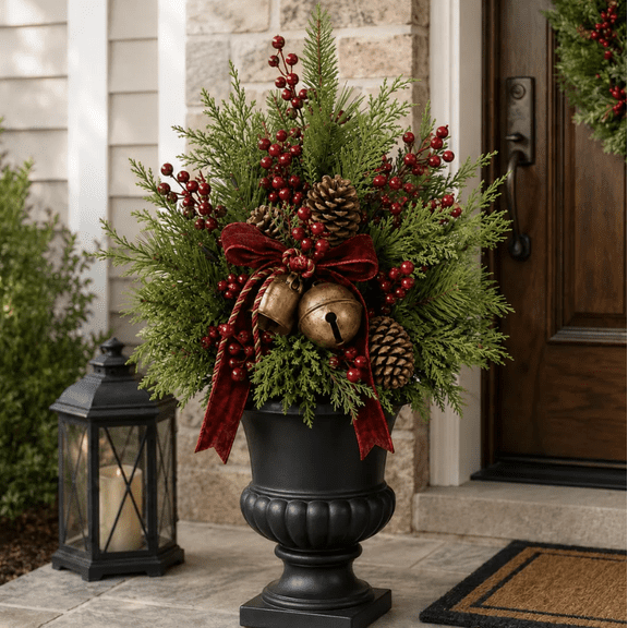 Battery Powered Pre‑Lit Christmas Urn Filler Artificial Evergreen Greenery With Red Berries Pinecones Vintage Bells For Outdoor Front Door Planter Decor